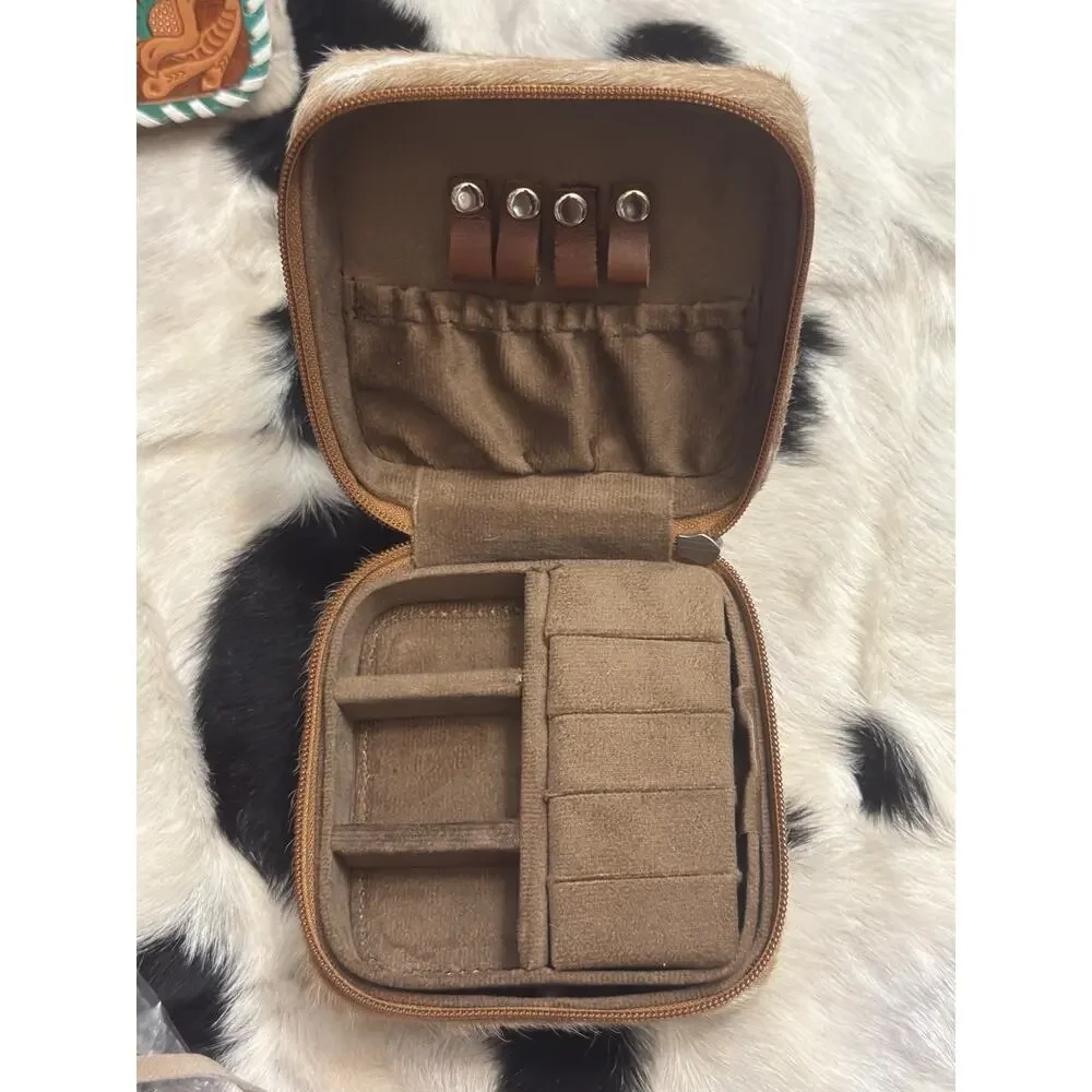 Southwest Tooled Leather Brown Cow Hide Jewelry Box Ring Travel Case Crossed Gun